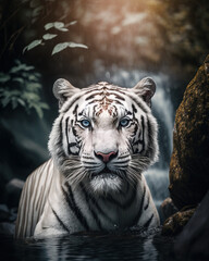 Portrait of a white tiger with colorful eyes looking towards the camera while standing in front of a waterfall in autumn generative AI.