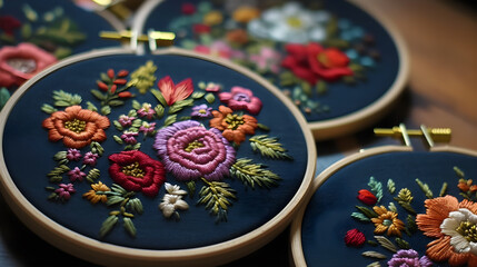 Fototapeta premium ethnic Ukrainian embroidery of flowers in satin stitch on canvas using a hoop, generative AI