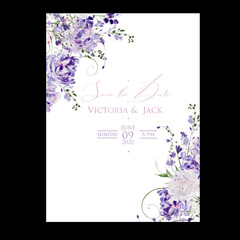 Watercolor wedding card with wisteria, roses and wild flowers, green leaves.