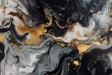 Abstract black, white, gray and gold alcohol ink art background.