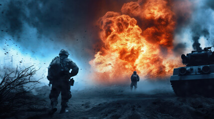 Obraz premium A man in a helmet and uniform in the war. Smoke and fire