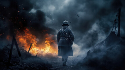 A man in a helmet and uniform in the war. Smoke and fire