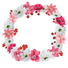 Hand-drawn watercolor floral wreath with red and white flowers and red berries. Two options - on white and transparent background