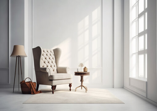 white  armchair near blank wall , interior mockup