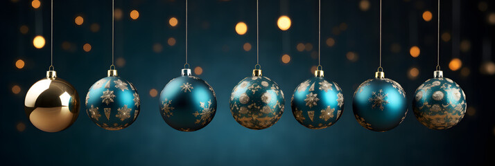 Luxury Christmas banner with hanging gold and green balls. Illustration AI Generative.