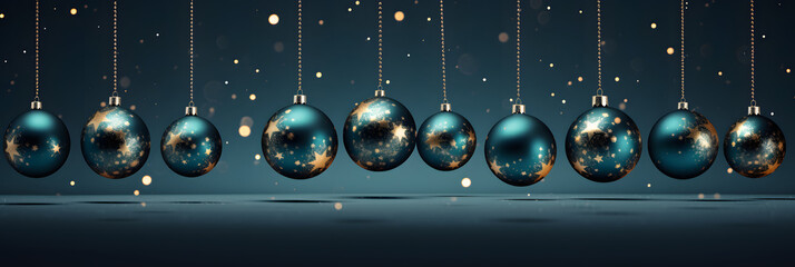 Luxury Christmas banner with hanging gold and green balls. Illustration AI Generative.