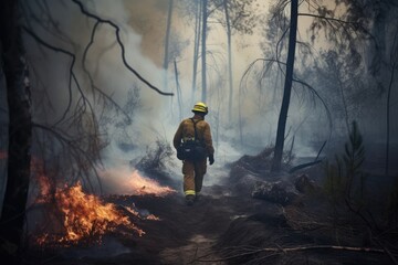 A beacon of hope amid the smoky haze, a firefighter's relentless efforts bring salvation to the forest