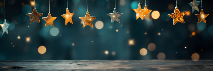 Luxury Christmas banner with realistic hanging gold  stars on a sparkeling background. Illustration AI Generative.