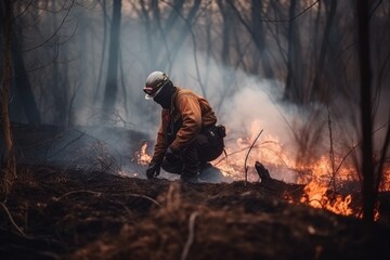 Naklejka premium A firefighter fights against the raging inferno, preserving the beauty of the forest.