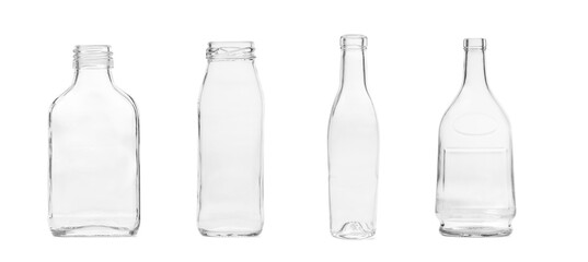 Set of empty glass bottles for drinks, isolated on white background.