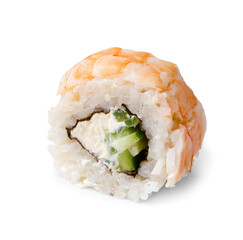 Roll with shrimp and rice on a white plate close-up