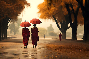 Creative editorial Concept. Stunning landscape of monks with umbrellas walking in nature. illuminated with dynamic composition and dramatic lighting

