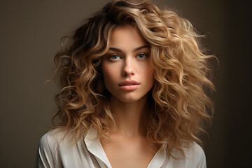 glamours lady, with curly blond hair in a photography studio with soft tones and colours