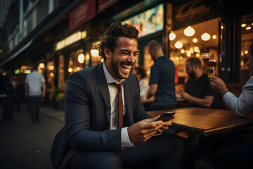 Fototapeta na wymiar Happy business man in the street using his phone and very happy.