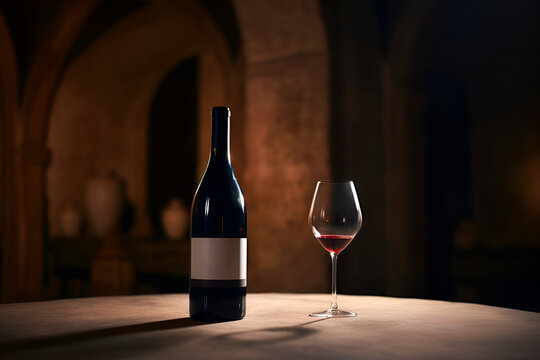 Bottle and glass of red wine in cellar of winery