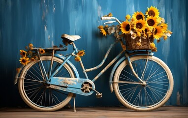 A bicycle with baskets of sunflowers. AI