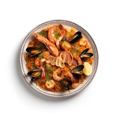 a plate of paella on white background for food photography generative ai
