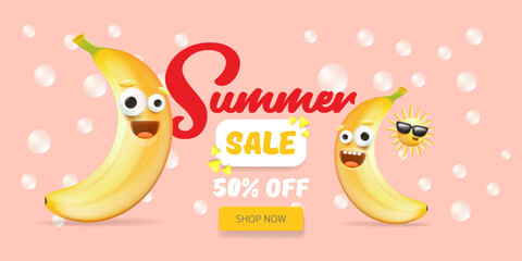 Summer sale funny horizontal banner with cartoon sun and funky banana character isolated on summer pink background. Vector 3d horizontal summer hot sale poster, flyer, banner, tag and background