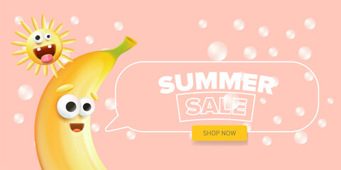 Summer sale funny horizontal banner with cartoon sun and funky banana character isolated on summer pink background. Vector 3d horizontal summer hot sale poster, flyer, banner, tag and background