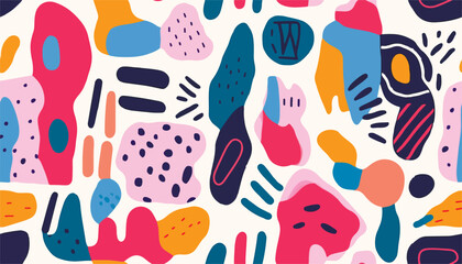 Abstract hand drawn doodle print. Trendy cartoon style. Different shapes and textures. Colorful modern design