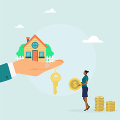 Real estate concept. The girl buys a house with keys and a house. Mortgage. Vector illustration in a flat style.
