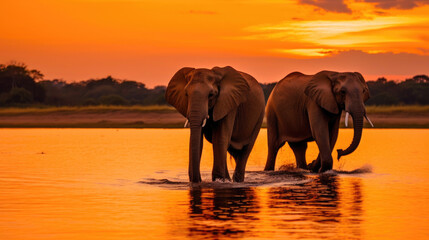 Fototapeta na wymiar Silhouettes of Elephants in Evening Glow. Generative AI