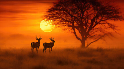 Deers and Tree in African Landscape. Generative AI