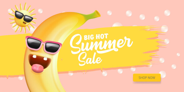 Summer sale funny horizontal banner with cartoon sun and funky banana character isolated on summer pink background. Vector 3d horizontal summer hot sale poster, flyer, banner, tag and background