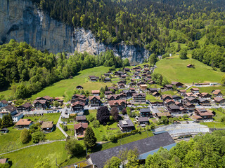 Aerial view of the Swiss village of Lauterbrunnen in Berner Oberland