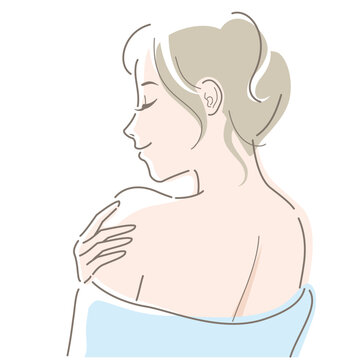 Back View Of Young Woman With Bare Shoulders.  Vector Illustration In Line Drawing, Isolated On White Background.