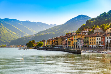 Naklejka premium The town of Domaso, on Lake Como, on a summer day. 