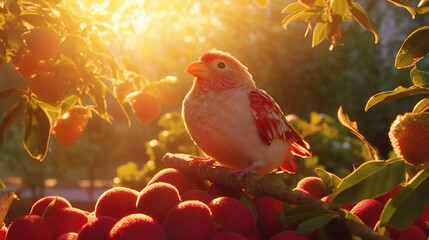 Obraz na płótnie Canvas Colorful portrait of a small bird standing next to fruit with a warm backlight glow of sunlight