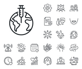 Corona syringe sign. Online doctor, patient and medicine outline icons. Pandemic vaccine line icon. Covid jab symbol. Pandemic vaccine line sign. Veins, nerves and cosmetic procedure icon. Vector