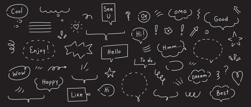 Speech bubbles, clouds and and doodle elements hand drawn set. Isolated simple vector illustration on black background.