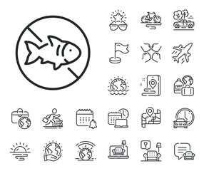 Fish catching forbidden sign. Plane jet, travel map and baggage claim outline icons. Stop fishing line icon. Prohibited symbol. Stop fishing line sign. Car rental, taxi transport icon. Vector