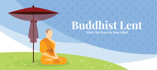 Buddhist lent day, With the peace in your mind text - the monk meditated on floor glass and monk umbrella on blue texture background vector design