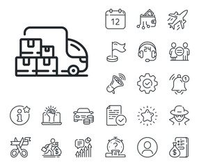 Warehouse boxes sign. Salaryman, gender equality and alert bell outline icons. Delivery truck line icon. Wholesale goods symbol. Delivery truck line sign. Spy or profile placeholder icon. Vector