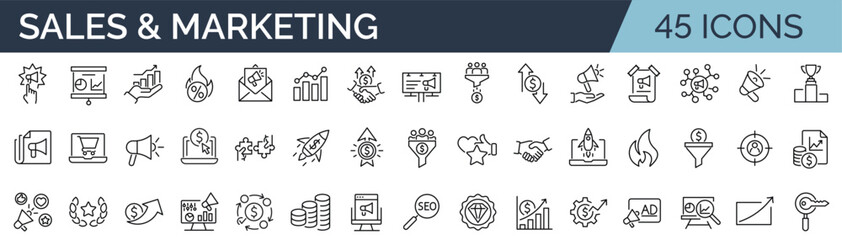 Set of 45 line icons related to sales and marketing. Outline icon collection. Editable stroke. Vector illustration - obrazy, fototapety, plakaty