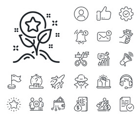 Bonus grows. Salaryman, gender equality and alert bell outline icons. Loyalty points line icon. Discount program symbol. Loyalty points line sign. Spy or profile placeholder icon. Vector