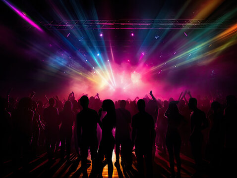 Silhouette of people at a nightclub with strobe lights