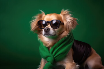 Cute little dog in fancy clothes and sunglasses on a flat green background with copy space. Fancy chihuahua. Clothes for dogs. Generative AI studio photo imitation.