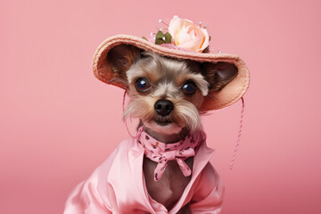 Cute little dog in fancy clothes on a flat pink background with copy space. Fancy chihuahua. Clothes for dogs. Generative AI studio photo imitation.