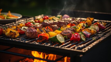 Naklejka premium a grill full of meat and vegetables | High quality photo Generative AI