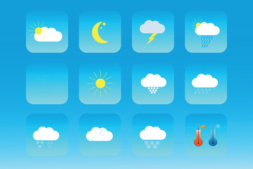 Obraz premium Weather icons pack. Colorful weather forecast design elements, perfect for mobile apps and widgets. Contains icons of the sun, clouds, snowflakes, wind, rain, temperature .