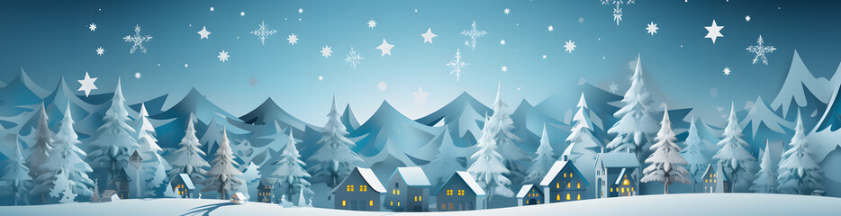 Fototapeta premium Blue Christmas banner with snowy moonlight view of pine trees, mountains, and charming lit-up houses. Magical and enchanting. AI generative
