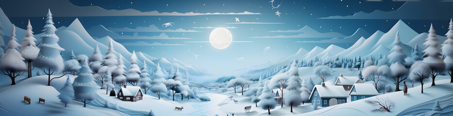 Blue Christmas banner with snowy moonlight view of pine trees, mountains, and charming lit-up houses. Magical and enchanting. AI generative