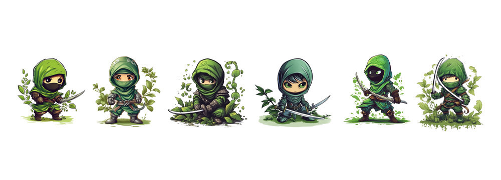 Illustration Set of nature cute ninjas on transparent background for children and children's books AI