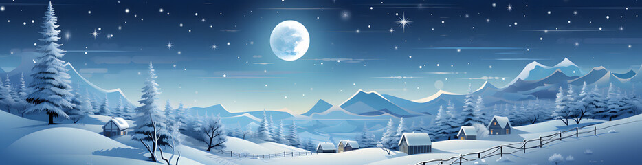 Naklejka premium Blue Christmas banner with snowy moonlight view of pine trees, mountains, and charming lit-up houses. Magical and enchanting. AI generative