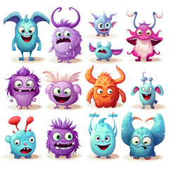 Colorful vector of cartoon monsters for kids in front of a white background expressing multiple facial expressions generative AI.