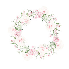 Watercolor wedding wreath with roses flowers, green leaves.